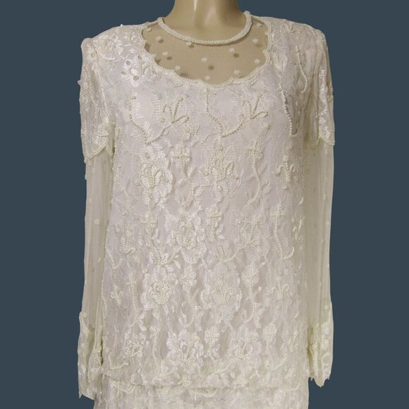 VTG SCALA M Lace Beaded Romantic Wedding Flapper Drop Waist Midi Maxi Dress - Picture 2 of 15